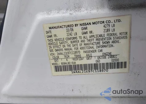 2007 Nissan Altima 2.5 S from USA, damaged, VIN 1N4AL21E97C118970